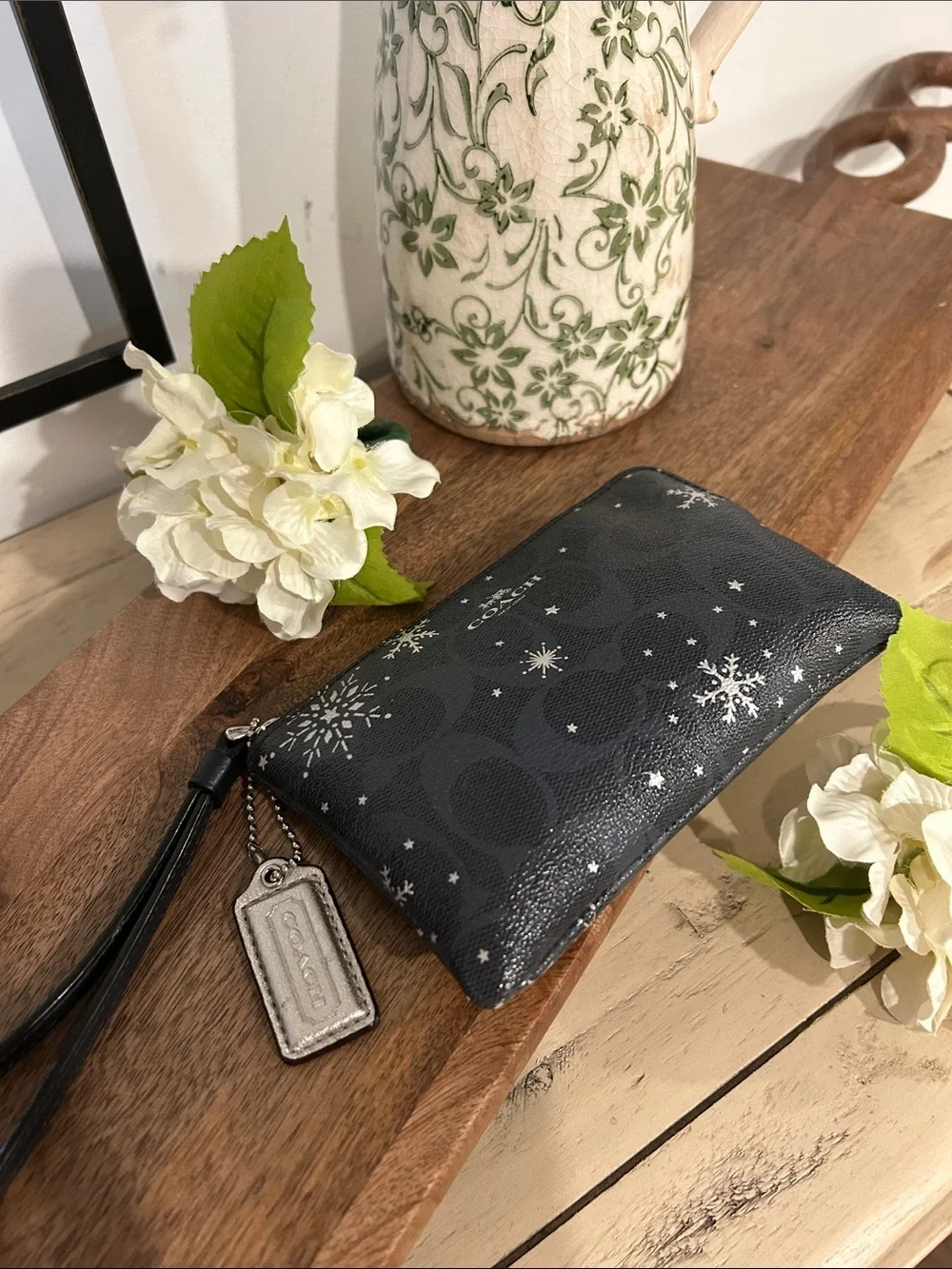 COACH Black Snowflake-Print Leather Wristlet